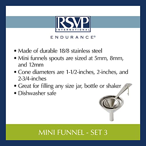 RSVP International Endurance Collection Kitchen Spice Jar/Oil Bottle Funnel, Stainless Steel and Dishwasher Safe, Mini Set, Various Sizes - size: Mini Set, Various Sizes (Pack of 1)