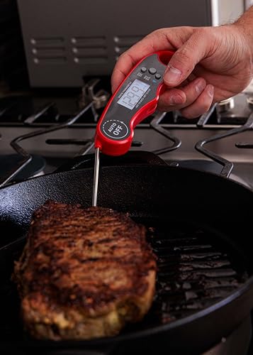 Digital Meat Thermometer for Grill/Cooking Fast Instant Read Waterproof Magnetic Probe Thermometer w/Backlight and Display for Kitchen, BBQ, Frying, etc. Chicken, Steak,or Burgers, Red