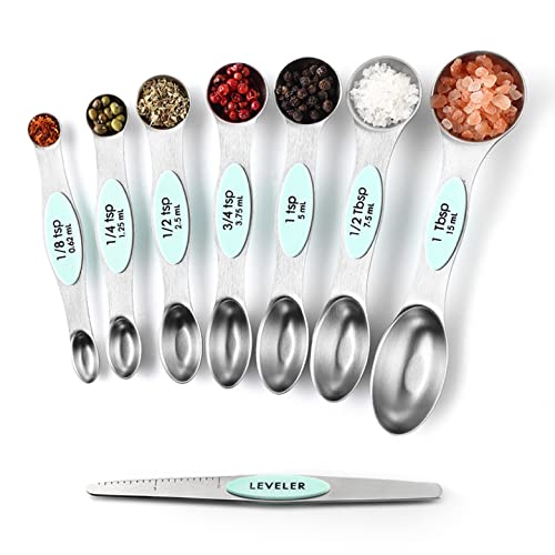 Spring Chef Stainless Steel Magnetic Measuring Spoons Set of 8 with Leveler, Metal Teaspoon & Tablespoon Measuring Spoons, Fits in Spice Jars, Kitchen Gadgets for Baking & Cooking - Set of 2 - Mint - color: Mint, size: 2-Pack