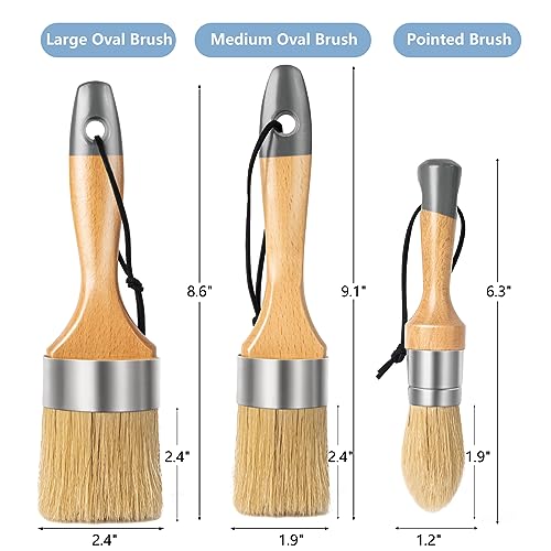 Mister Rui Chalk Paint Brushes, 3 Pack Wax Brush Set, Round Paint Brush Use with All Paints, Natural Bristle Brush for Painting, Stencils, Waxing, Home Decor, DIY Art Crafts - size: 1.2"1.9"2.4"