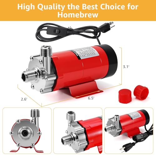 MRbrew Wort Pump With Switch Stainless Steel Magnetic Beer Pump Brewing for Wort Transfer, 1/2”NPT Thread Head 110V Quiet Operation Excellent High Temperature Resistance System for Homebrew - size: Red Pump (Switch)