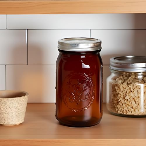 Amber Glass Mason Jars, 32oz Wide Mouth Jars 6 Pcs, Air Tight, Leak Resistant, Large Canning Jars, Quart Mason Jars for Canning, Storing Food, Spices, Meal Prep and Overnight Oats