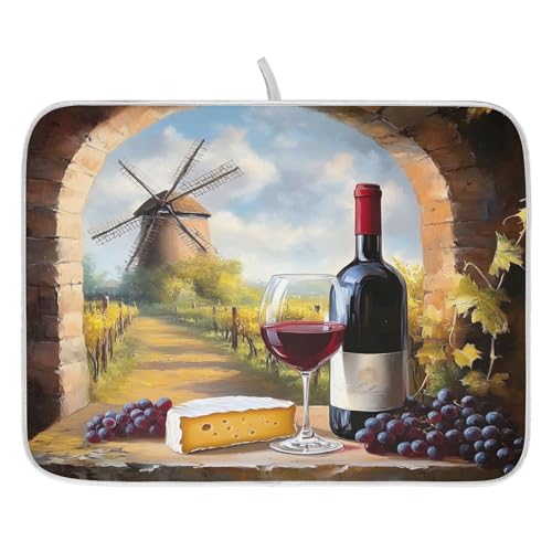 Red Wine Glasses with Grape Cheese Farmhouse Dish Drying Mats for Kitchen Counter Absorbent Microfiber Dish Drying Matt 16 x 18 Inch Draining Reusable Rack Pad