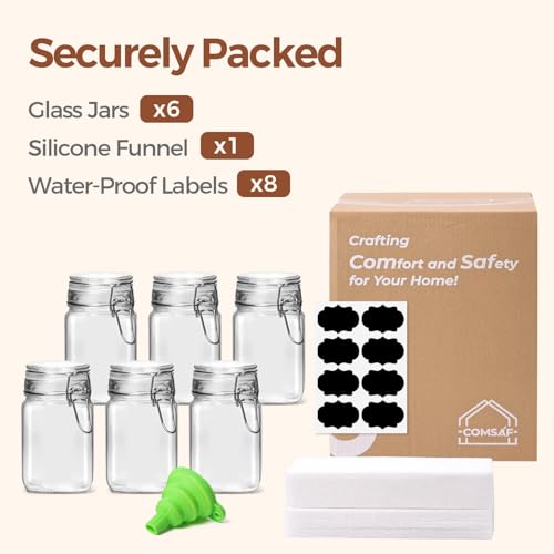 ComSaf Square Small 8 oz Glass Spice Jars with Airtight Lids 6 Pack Pantry | Jams herbs, Overnight oats, Pickling favors, Labels included, Funnel included, Pantry organization, Sourdough pickling - size: 8oz*6