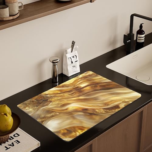 Dish Drying Mat for Kitchen Counter Marble Golden Yellow Absorbent Coffee Bar Mat Diatom Ooze Dish Drying Pad for Countertop Tabletop Decoration 23.6" X 19.7" - size: 23.6" x 19.7"