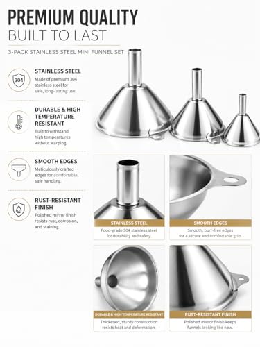 3-Pack Stainless Steel Mini Kitchen Funnel Set, Durable Metal Filling Funnel for Transferring Liquids, Dry Ingredients, Cosmetic Lotions, Liquids, Fragrances, Powders -High Temperature Resistant