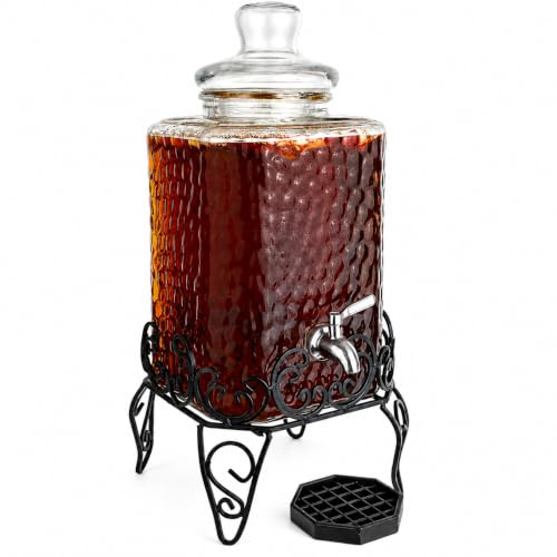 2.5 Gallon Glass Beverage Dispenser with Stand & Stainless Steel Spigot – Large Mason Jar Drink Dispenser for Sun Tea, Kombucha, Iced Tea, Lemonade, Sangria & Cold Drinks