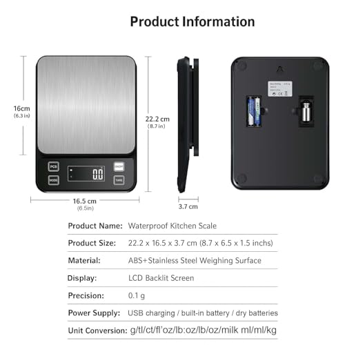 Waterproof Digital Kitchen Scale 0.001oz/0.1g Precision, Stainless Steel Electronic Scale with 3 Power Options (Rechargeable/AAA/Built-in), 10 Units Conversion, Smart Standby, 22lb/10kg Capacity - size: 22lb