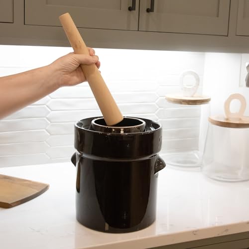 Lehman's European Style Fermentation Crock Set with Wooden Stomper and Fitted Weights, Set to Preserve Sauerkraut Pickles Kimchi and More (1 Gallon) - size: 1 Gallon
