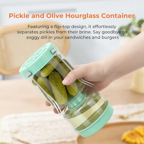 Pickle Jar with Strainer Flip, Pickle Container with Strainer with Two Forks, Airtight Glass Pickle Jar for Fermentation, Olive Jar with Date Tracker Lid, Jalapeno Container with Gas Port (Green) - color: Green