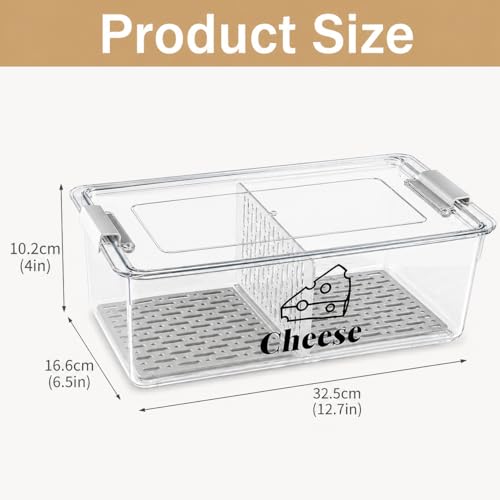 Cheese Container Airtight with Draining Basket Cream Block Cheese Sliced Cheeses Box with Lid for Fridge Shredded Saver 2 Compartment Deli Meat Storage Box,Cheeses Sliced,Grated,Cheddar Keeper - color: Clear - Big