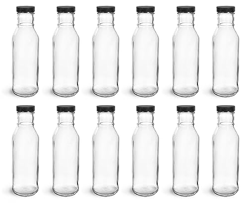 North Mountain Supply 12 Ounce Glass Ring-Neck Sauce Bottle 38 CT - with Black Plastic Lids - Case of 12
