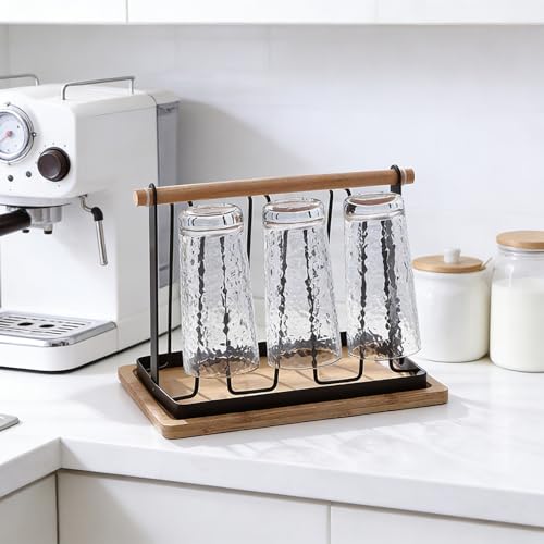 Cup Drying Rack, Bottle Drying Rack, Slanted Iron Coffee Mug Holder Stand, Countertop Glass Organizer, Removable Drain Tray Kitchen Tumbler Caddy, Counter Glass Tree - color: Black