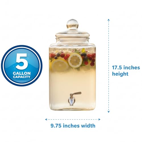 Extra Large 5 Gallon Glass Beverage Dispenser with Stainless Steel Spigot – Bulk Drink Container for Parties, Events, Weddings & Home Use