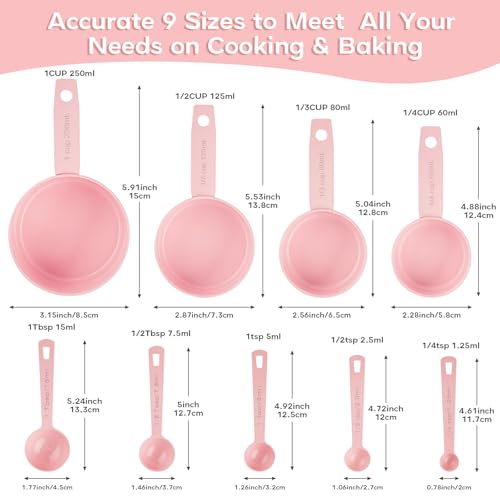Measuring Cups and Spoons Set of 9, Stainless Steel Measuring cup for Cooking and Baking, Measuring spoons for Dry and Liquid Ingredients (Pink) - color: Pink