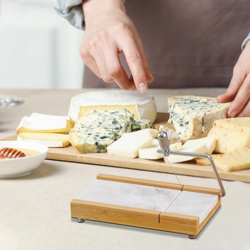 Tianman Cheese Slicer Cheese Cutter with 4 Replacement Cutting Wire,Heavy Duty 8.27"x 4.4",Marble Board Cheese Slicer for Block Cheeses, Butter,Cakes and More(White Grey) - color: White