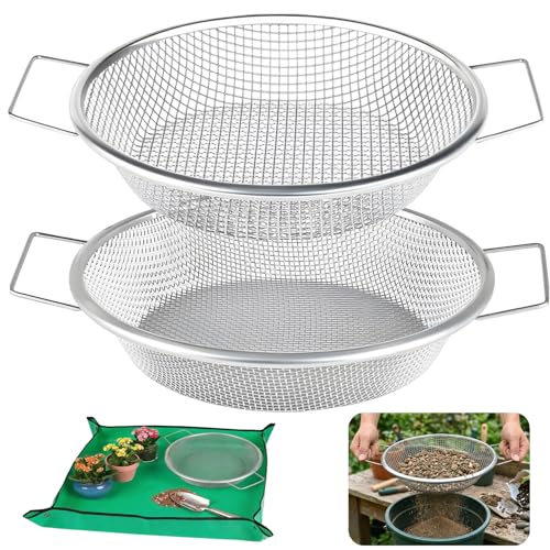 2PCS Soil Sifter for Gardening with Handle,Stainless Steel Rock Compost Soil Sifter for 5 Gallon Bucket,1/4in,1/8in Mesh Garden Sifting Screen Gravel Sawdust Vermicompost with Repotting Mat - size: 2-Piece Set (1/4", 1/8" Mesh)