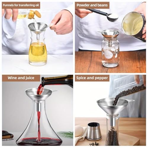 3-Pack Stainless Steel Funnel Set - Small Mouth Funnels for Wine, Oil, Liquor & Kitchen Liquids, Food Grade Metal Funnels for Efficient Pouring, Dishwasher Safe Bar & Home Accessories