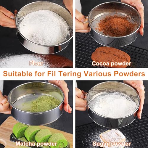 Flour Sifter for Baking 2 Pack, Round Flour Sifter Stainless Steel 6 Inch 60 Mesh and 8 Inch 40 Mesh Sieve Fine Meshs Flours Sieve Set for Baking Cake Bread Pastries - size: 6in 60 Mesh & 8in 40 Mesh