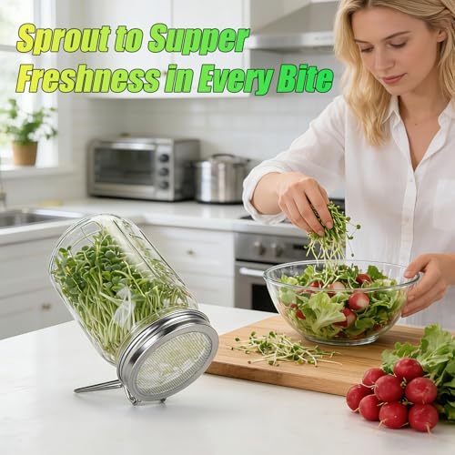 2 Pcs Sprouting Lids for Wide Mouth Mason Jars, Stainless Steel Reusable One-Piece Sprouting Jar Lids Kit with Built-In Stand, Seed Germination Sprouts Growing Kit for Organic Alfalfa & Mung Bean - size: 86mm (2 pcs)