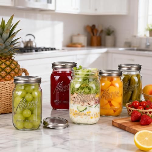 Rubtlamp Clear Mason jar 32 oz, 12 Pack Glass Jars - Wide Mouth Mason Jars with Airtight Lids for Pickling, Fermenting, Food Storage&DIY Crafts, Microwave & Dishwasher Safe - color: Clear