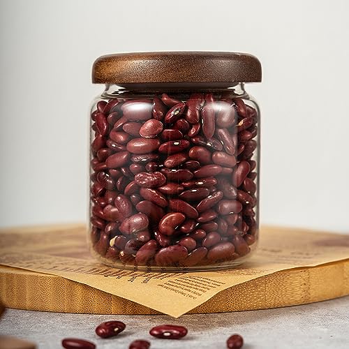 1 PC Small Glass Storage Jars with Airtight Lids, 14 FL OZ (420ml) coffee container with Wooden Lid, Glass Pantry Canister for Beans, Rice, Sugar and etc - color: clear-(1PC,14FL OZ/420ML)