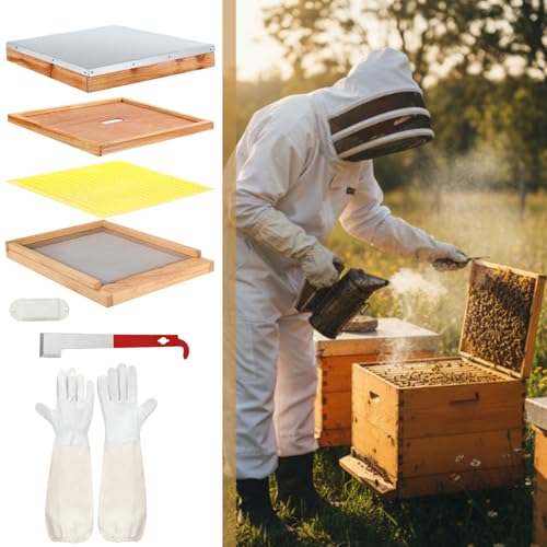 DoubleFill 8 Pcs Beehive Parts Kit for 10 Frame Bee Hive, Telescoping Top Cover Queen Excluder Inner Cover Screened Bottom Board Entrance Reducer Bee Escape Equipment J-hook Scrape and Gloves (Yellow) - color: Yellow
