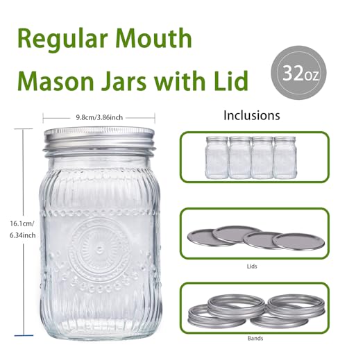 LUODA MirthMood 32 OZ Wide Mouth Mason Jars, 6 PACK Glass Mason Jars with airtight Lids, Quart mason jars wide Perfect for Canning, Pickling, Preserving, Fermenting, DIY Crafts & Decor