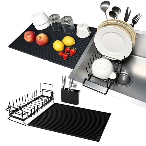 Expandable & Collapsible Dish Drying Rack for Over The Sink and in Sink, Stainless Steel with Silicone Drip Tray, Space Saving Adjustable Dish Rack for Small Kitchen, Apartment & RV