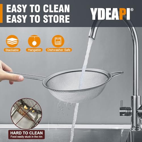 Ydeapi Fine Mesh Strainer, Stainless Steel Kitchen Strainers with Sturdy Handle, Set of 4 Metal Sieve for Food, Rice, Quinoa, Tea - 8.6", 6.3", 4.6", 2.7" - size: 8.6" + 6.3" + 4.6" + 2.7"