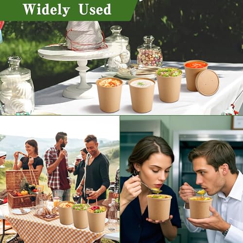 50 Pack Kraft Paper Soup Containers with Lids, 16 Oz Disposable Paper Food Containers, Round, Brown, General Use, Freezer & Microwave Safe