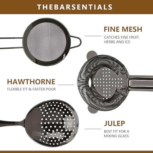 Cocktail Strainer-Stainless Steel Bar Tools Bartender Cocktail Strainer Set:Hawthorne Strainer,Julep Strainer and Conical Fine Mesh Strainer (Black) - color: Black
