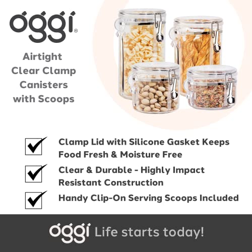 OGGI Clear Canister Airtight 61oz - Clamp Lid & Spoon - Airtight Food Storage Containers, Ideal for Kitchen & Pantry Storage of Bulk, Dry Food Including Flour, Sugar, Coffee, Rice, Tea, Spices & Herbs - size: 61 Fluid Ounces