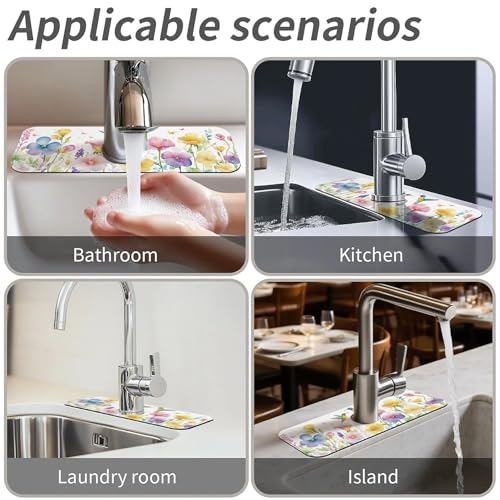 Kitchen Sink Splash Guard,Spring-flowers with hummingbirds Faucet Mat Sink Gadgets-Super Absorbent Fast Drying Mat Drip Catcher for Kitchen, Bathroom,Sink Mat, Dish Drying Mat, Bathroom(15" X 5.5" ) - color: Spring-flowers with hummingbirds