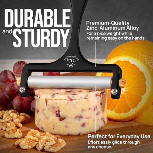 Zulay Kitchen Stainless Steel Wire Cheese Slicer - Adjustable Hand Held Cutter with 2 Extra Wires - Premium Cheese Shaver For Mozzarella, Cheddar, Gruyere - Black - color: Matte Black