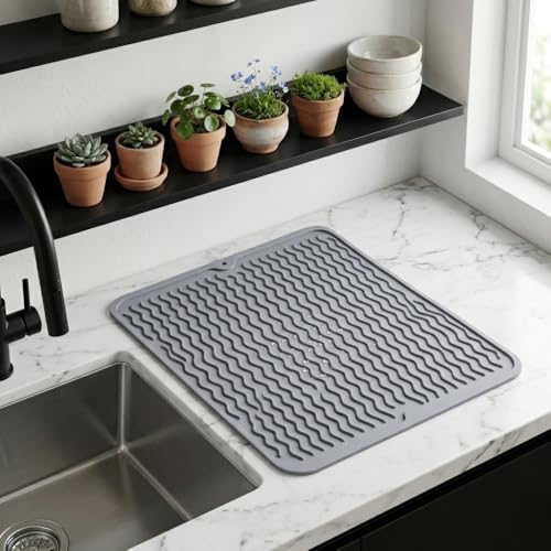 Silicone Dish Drying Mat for Kitchen Counter, Heat Resistant Dish Drainer, Easy to Clean Eco-Friendly Sink Liner, Non-Slip Drawer & Countertop Liner (16 x 12, Gray)