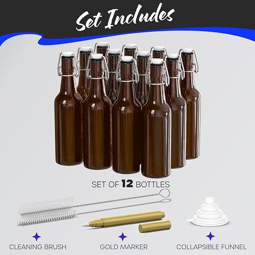 Nevlers Swing Top Glass Bottles 16oz | Empty Beer Bottles for Home Brewing | 12 Pack Amber Resealable Flip Top Glass Bottle Set for Fermentation or General Storage | Durable Kombucha Bottle Bottling Kit - size: 12 Pack, style: 16 Ounce