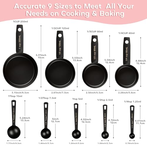 Measuring Cups and Spoons Set of 9, Stainless Steel Measuring cup for Cooking and Baking, Measuring spoons for Dry and Liquid Ingredients (Black) - color: Black