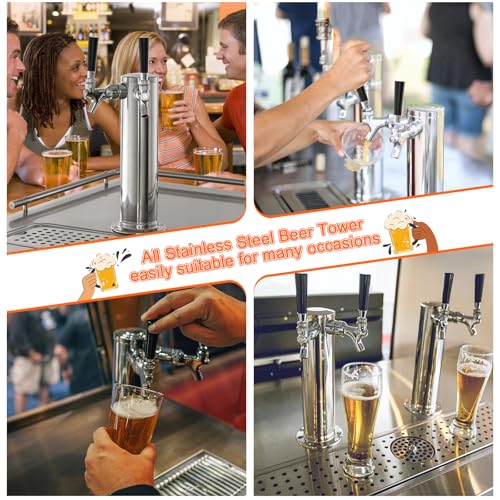Kegerator Tower Dual Tap Beer Tower Dispenser, All Stainless Steel Beer Tap Tower Kegerator Parts, Upgraded 3" Double Tap Keg Tower with Pre-Assembled Tubing & Self-Closing Beer Faucet - size: Dual Tap Beer Tower(All Stainless Steel)