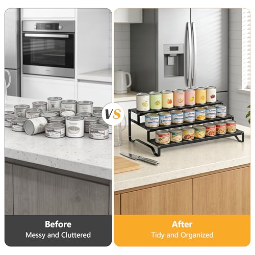 Attelite 3 Tier Expandable Can Rack Organizer for Pantry, Adjustable 13"-21" Metal Soda Can Organizer, Pantry Organization Canned Food Storage Holder for Kitchen Cabinet Countertop, Black 2Pack - size: 3tier*2pack