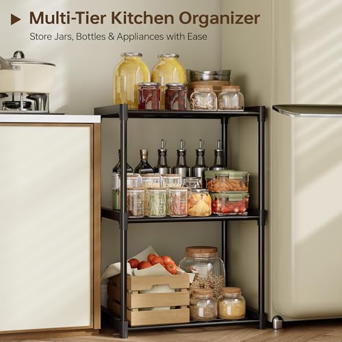 3-Tier Storage Shelves with Plastic Connectors – Metal Shelf Organizer for Pantry, Closet & Bathroom, Space-Saving Sturdy Shelving Unit Rack, Black, 17.3" x 12.8" x 28.9" - size: 17.3" x 12.8" x 28.9"(3T)