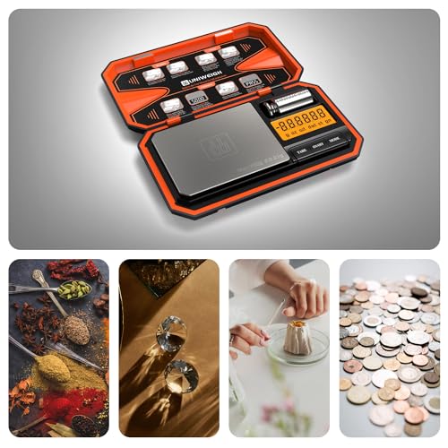 UNIWEIGH Digital Pocket Scale 200g/0.01g Precision Digital Scale Grams | 6 Units Jewelry Scales,Coins Scale with LCD Display,Tare Function for Food,Powder,small items(Battery Included)-Orange - color: Orange