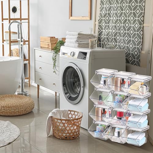 Yerliker 12 Pcs Clear Plastic Storage Bins with Lids Large Stackable Pantry Storage Organizer Bins Kitchen Organization Cabinet Organizers Ideal Containers for Fridge, Kitchen, Cabinets (Clear)