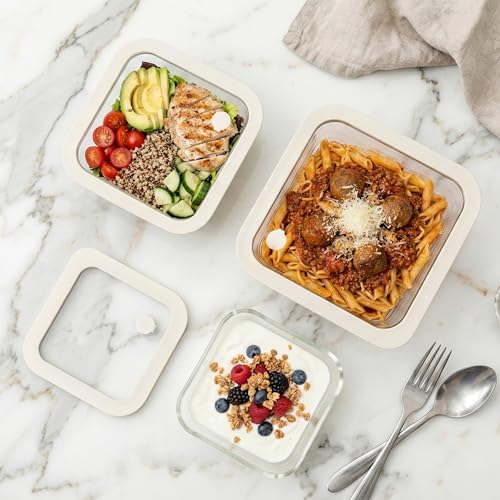 Urban Green Glass Food Container Set with Glass Lid, 3 Pack, Meal Prep Containers with Silicone Framed Airtight Lid, Leakproof, 100% Plastic Free, - color: White Sand-SQ
