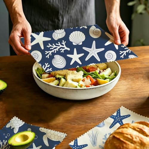 Reusable Beeswax Wraps, Sea Turtle&Starfish Shell Wraps, 9 Pack Eco-Friendly Food Storage, Organic, Sustainable, Zero Waste, Plastic-Free, Sandwich, Bowl, Fruit, 1XL, 3M, 5S - color: Blue Ocean
