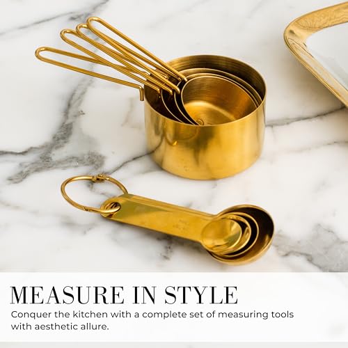 STYLED SETTINGS Gold Measuring Cups and Spoons Set – Stackable 8-Piece Brass Measuring Cups and Spoons – Stylish and Sturdy Gold Kitchen Accessories for Baking and Cooking - color: Gold