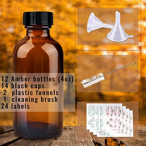 PINIWON 12 Pack 4 oz Amber Glass Bottles, 120ml Boston Round Sample Bottles with Black Poly Cone Caps, Labels, Funnels and Brush - color: Amber-12 pack