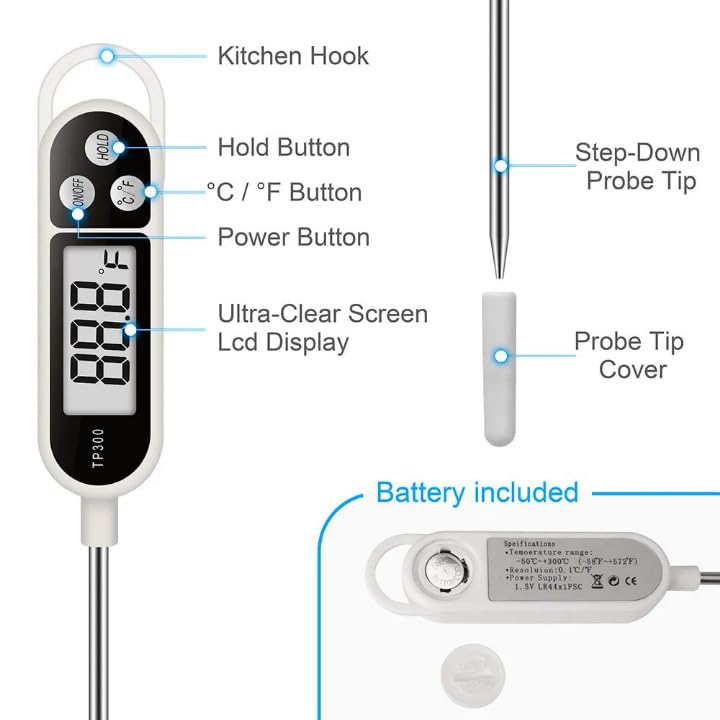 Digital Food Thermometer – Instant Read Meat Probe with LCD Display, °C/°F Switch, Long Stainless Steel Sensor for BBQ, Grill, Oven, Baking & Cooking Thermometer TP300 White - color: White