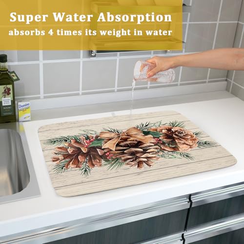 Winter Pine Cone Dish Drying Mat Holly Berries Dish Draining Mat Microfiber Washable Dish Drainer Rack Mat for Home Kitchen Counter 18"x24" - color: Winter Pine Cone, size: 18" x 18"