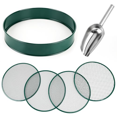Soil Sifter for Gardening, 12" Green Soil Sifter Potting Sieve with Shovel and 4 Fine Screens for Sand Dirt, Sand, Rock, Filtration, Compost and Bonsai (5 IN1)